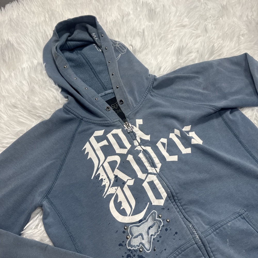 Y2k VTG Fox Girls sz XL Blue Zip Up Hoodie Sweatshirt Hood Studded Pockets Rare!